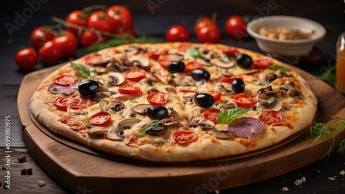 Pizza with mushrooms, olives, and cherry tomatoes on a wooden board