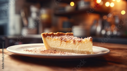 A slice of custard pie dusted with cinnamon on a plate