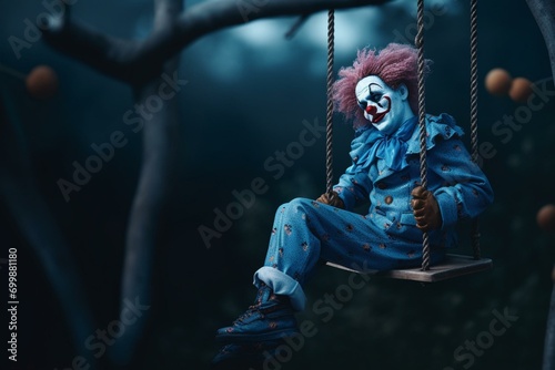 A clown is seated on a swing, with a blue hue. Generative AI