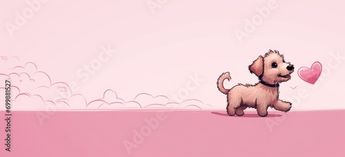 Illustration of joyful cartoon puppy with heart. Pet love and care. Banner.