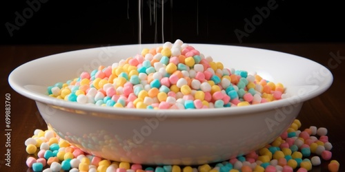 This shot captures a birdseye view of a bowl overflowing with milk and generously sprinkled with puffs of sugary cereal. The whimsical patterns created by the floating cereal pieces create