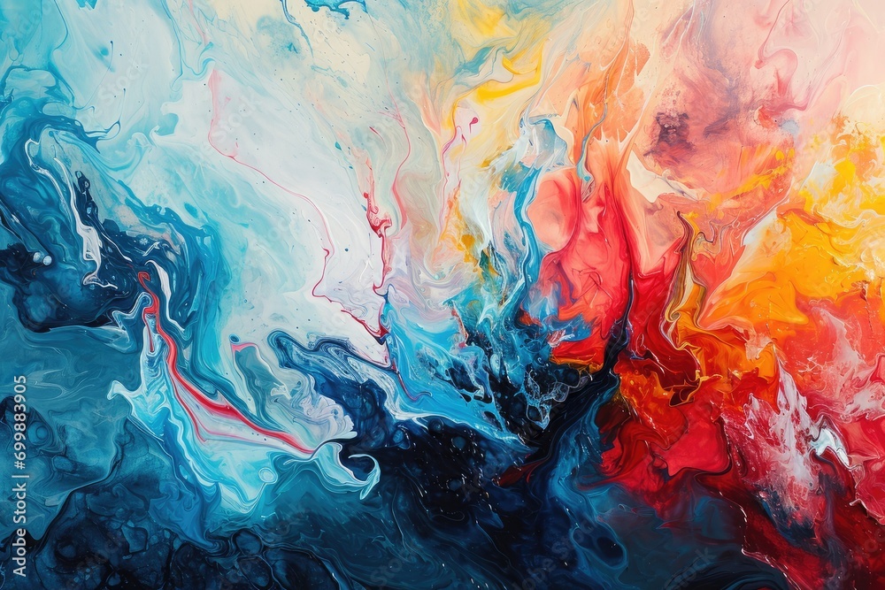 abstract painting in bright blue, red, yellow colours