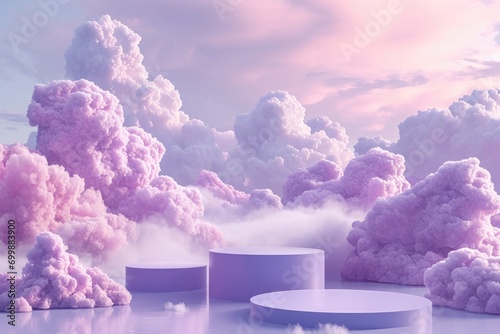 elegant podium pedestal for product placement with pink and purple clouds around photo