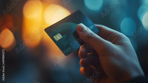 Hand holding a bank card mockup, the bank card mockup has a chipset for scanning and paying. can pay online. photo