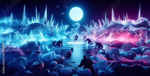 Ice hockey - Battle match between ice and fire in space, digital neon 3d illustration. 