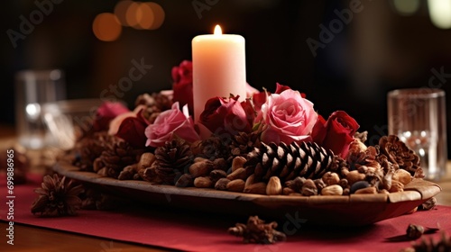 A centerpiece made from natural elements like dried flowers and pinecones sits atop the table  showcasing a creative and ecofriendly approach to Valentines Day decorations.