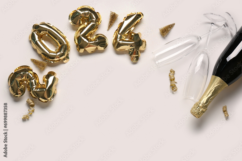 Figure 2024 made of balloons with Christmas decorations, glasses and bottle of champagne on white background Figure 2024 made of balloons with Christmas decorations, glasses and bottle of champagne on white background