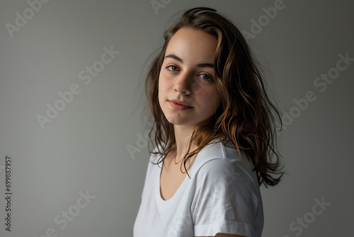 A casual girl in denim and a white tee standing against a seamless gray background