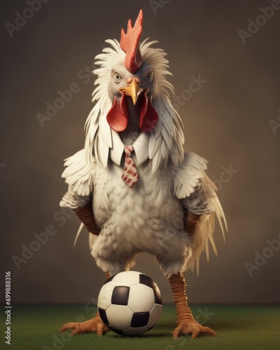 Rooster with tie and soccer ball sports bird © Natalia