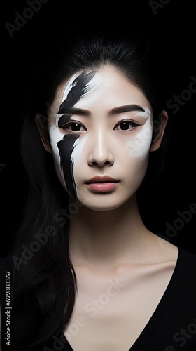 a young japanese woman  taken with canon eos 5d  in professional makeup  high contrast  beautiful facial sculpt  beautiful bone structure with generative ai