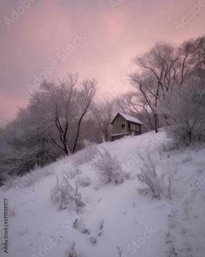 Snow covered house nestled in a serene winter landscape at dusk