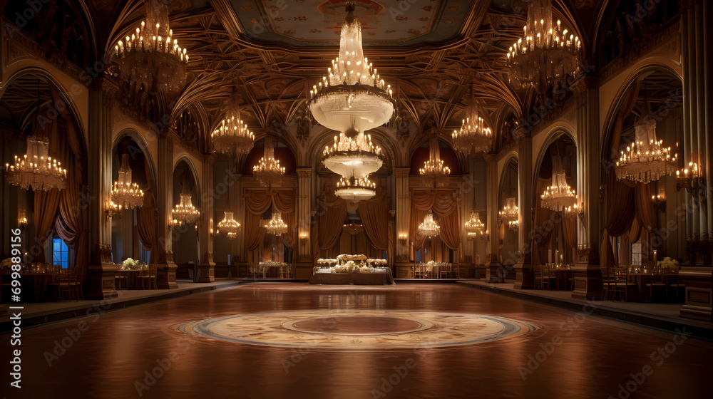 Historic Ballroom with Ornate Chandeliers and Unfilled Dance Floor