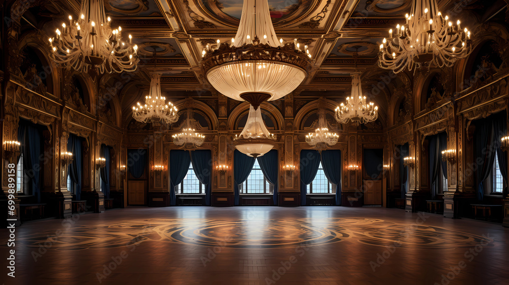 Historic Ballroom with Ornate Chandeliers and Unfilled Dance Floor - obrazy, fototapety, plakaty 