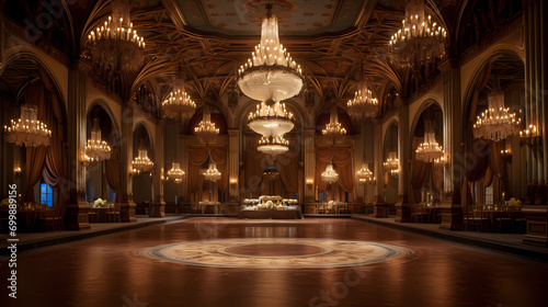 Historic Ballroom with Ornate Chandeliers and Unfilled Dance Floor photo