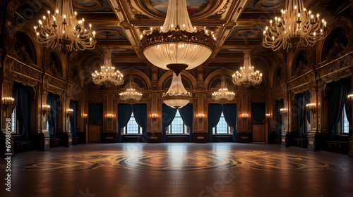 Historic Ballroom with Ornate Chandeliers and Unfilled Dance Floor photo