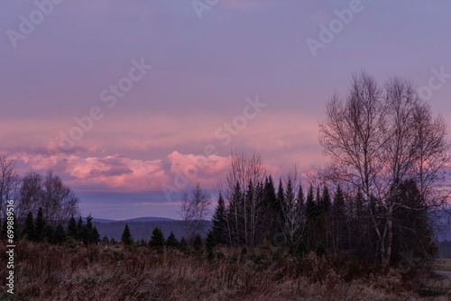 Craftsbury Common Hill, pink light before sunrise, looking west