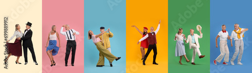 Romantic date. Lovely couple dancing on color backgrounds, set of photos photo