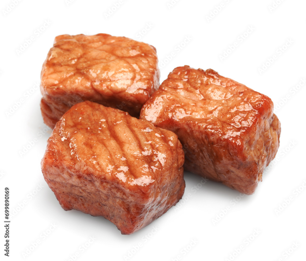 Pieces of delicious cooked beef isolated on white. Tasty goulash Pieces of delicious cooked beef isolated on white. Tasty goulash
