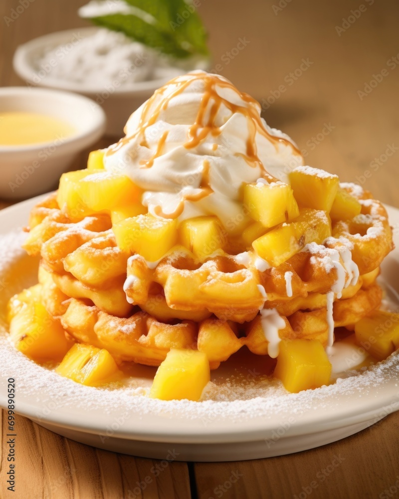 Savor the taste of paradise with a unique twist on the classic funnel cake this tropical delight is crowned with juicy pineapple chunks, tender flakes of coconut, and a drizzle of luscious