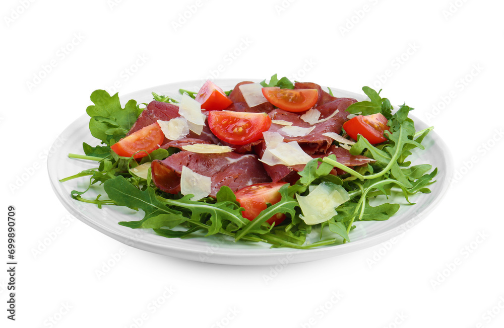 Delicious bresaola salad with parmesan cheese isolated on white