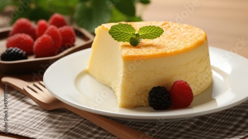 Delicately sliced, the Japanese cheesecake reveals its inner layers, reminiscent of a cloud on a sunny day. The sweetness of the cake is modest, allowing the creamy essence of the cheese