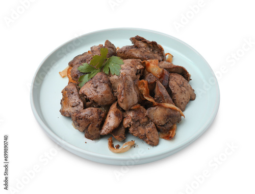 Tasty fried chicken liver with onion and parsley isolated on white