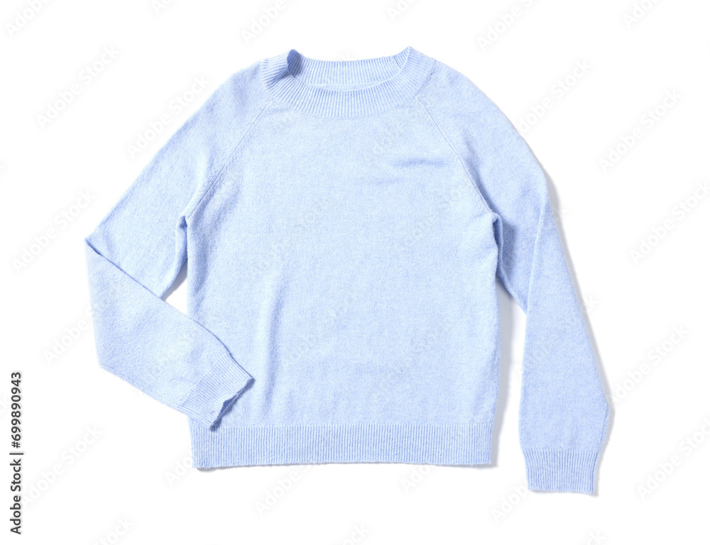 Fototapeta premium Stylish light blue sweater isolated on white, top view