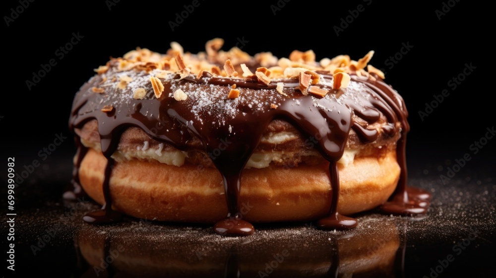 An alluring image capturing a unique donut creation featuring a warm and gooey Nutella center, enveloped by a light and airy doughnut shell, dusted with cocoa powder for a touch of decadence. An alluring image capturing a unique donut creation featuring a warm and gooey Nutella center, enveloped by a light and airy doughnut shell, dusted with cocoa powder for a touch of decadence.