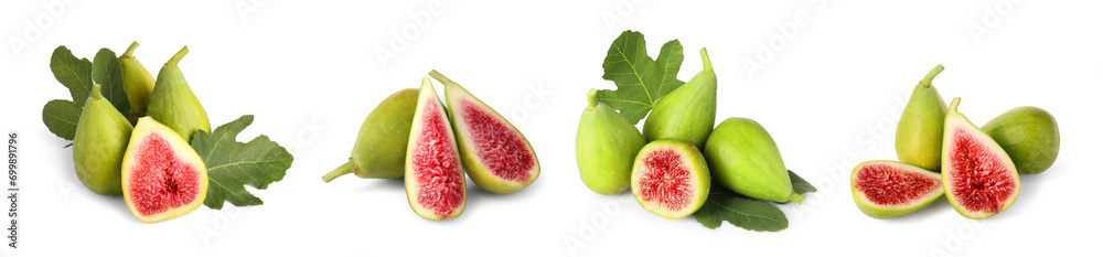 Fresh ripe green figs and leaves isolated on white, set