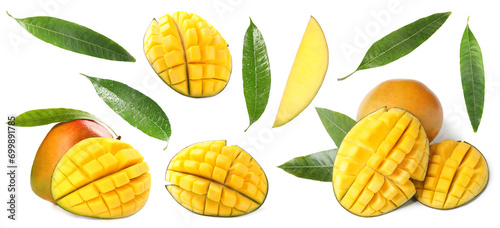 Fresh mango fruits and green leaves isolated on white, set