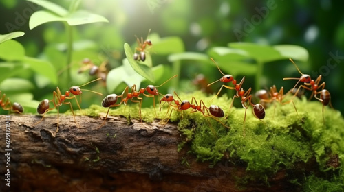 Red ants are looking for food on green branches. Work ants are walking on the branches AI Generative photo