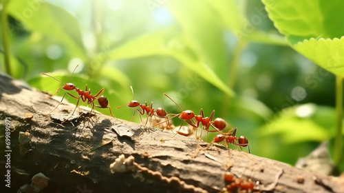 Red ants are looking for food on green branches. Work ants are walking on the branches AI Generative