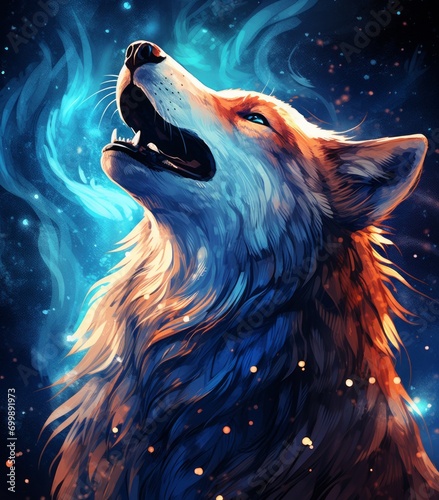 A wild wolf howls at the moon in the blue night.  photo