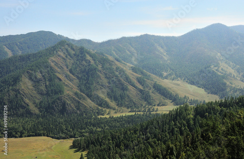 A wide valley sandwiched between mountain ranges with a dense coniferous forest on a sunny summer evening.