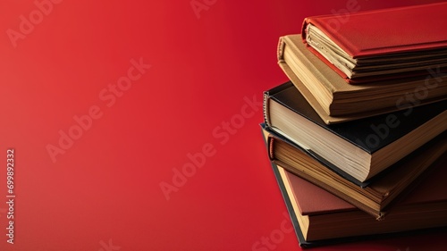A neat stack of hardcover books on a vibrant red background photo