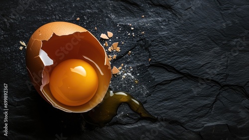 Cracked egg with yolk on dark slate background photo