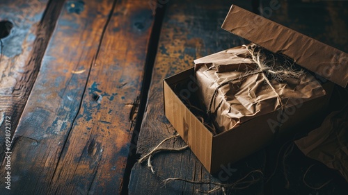 A package wrapped in brown paper inside a cardboard box on a rustic table