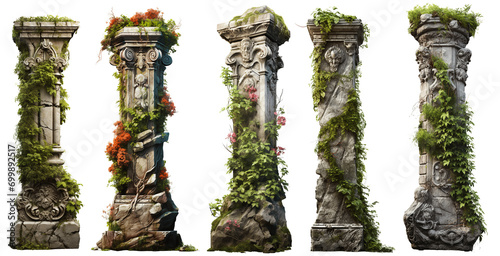 An antique column set with overgrown foliage and flowers, old architecture pillars, and nature, Mideveil and Asian ruins style , isolated on a transparent background, PNG photo
