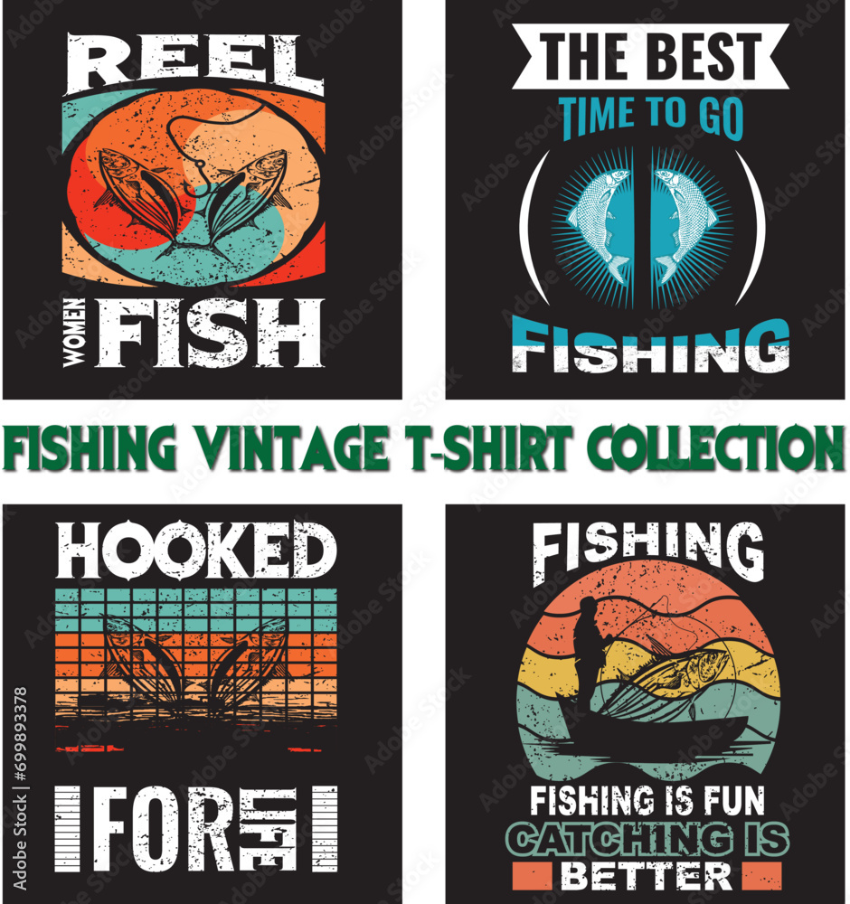 Fishing vintage t-shirt Design collection, Fishing t-shirt design bundle,  vintage fishing t-shirt set graphic illustration, Fishing vector emblem