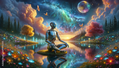 Futuristic humanoid robot contemplating by serene lake in surreal digital landscape.