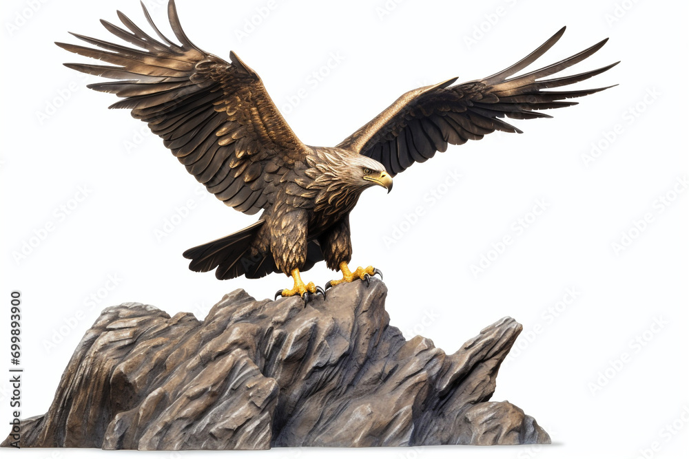 Fototapeta premium The golden eagle statue spreads its wings to catch fish on the rock. isolated on white background
