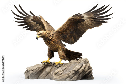 The golden eagle statue spreads its wings to catch fish on the rock. isolated on white background