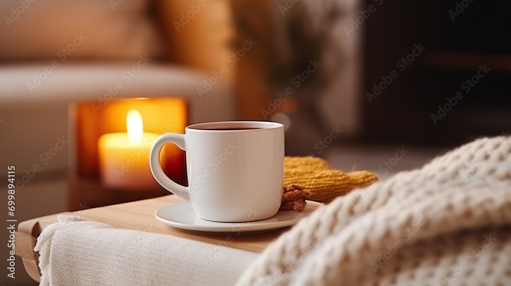 winter or autumn concept room, coffee, candle lights