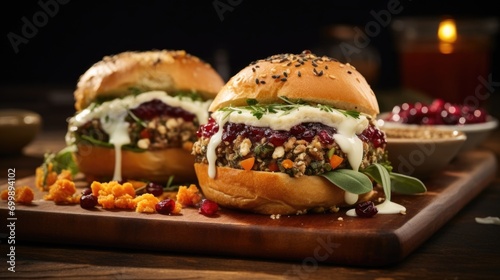 This slider delights with its harmonious balance of flavors, as a tender ground turkey patty infused with aromatic herbs rests on a bed of quinoa and cranberry relish, enhanced by a sliver photo