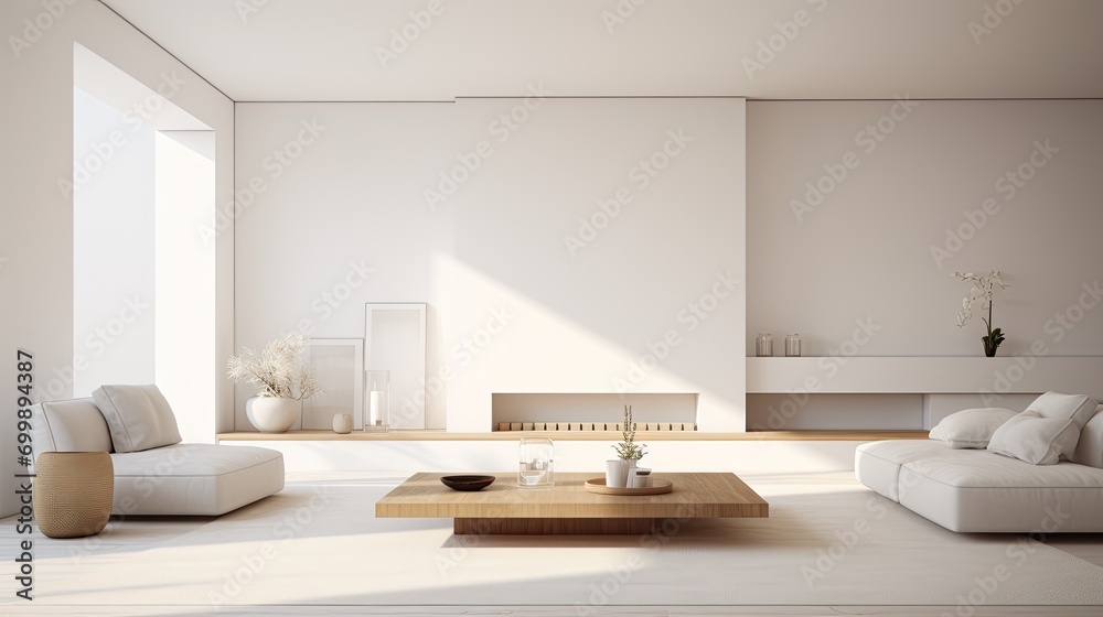 A minimalistic interior design with clean lines and subtle textures, isolated on a pure white background  - obrazy, fototapety, plakaty 