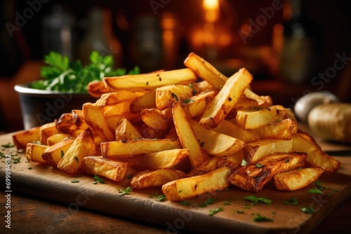 Loaded with character, these thick fries showcase their rustic origins, with their rustic appearance hinting at the masterful hand that sliced them and the meticulous frying that turned photo