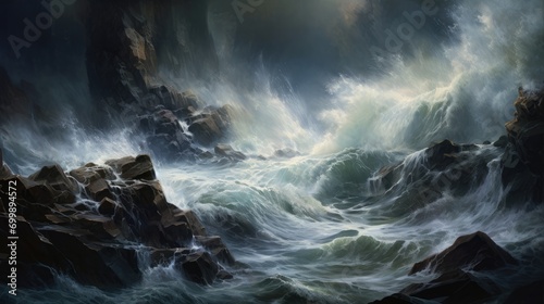 A raging river crashing against the rocks, the power of the water creating a thunderous roar photo