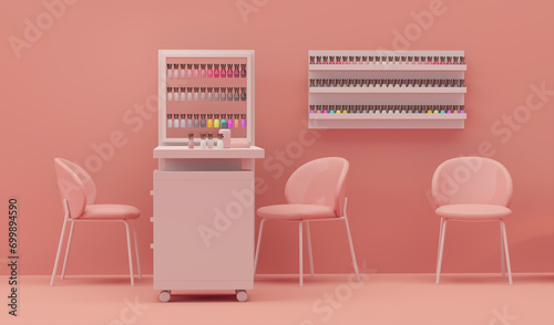 Beauty spa nail salon on pastel pink color trend 2024 background. Nail Bar and beauty salon for women and men. Place for manicure and nail care, pedic photo