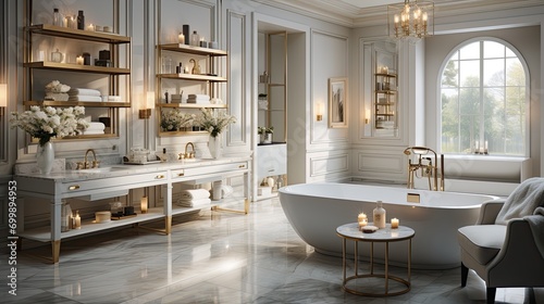 Interior design of a bathdroom large view photo  contemporary  white and gold