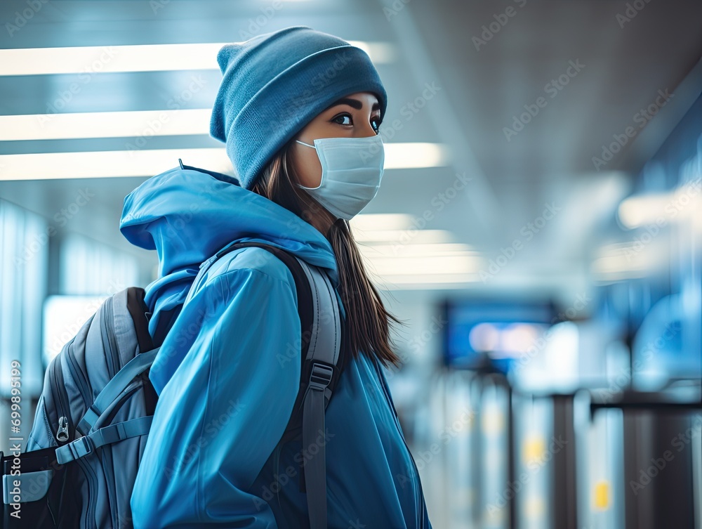 photography, A traveler wears a blue face mask at an airport, feeling safe, airport terminal, travel vibes, candid shot photography, A traveler wears a blue face mask at an airport, feeling safe, airport terminal, travel vibes, candid shot